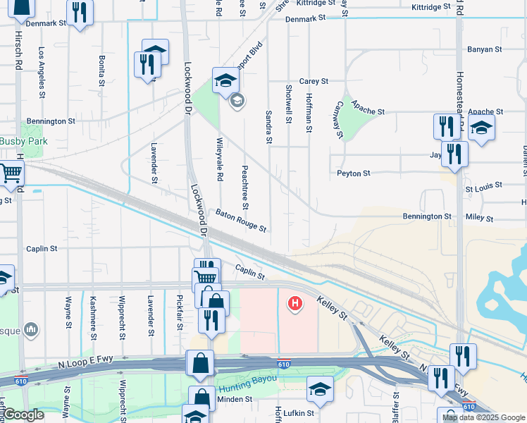map of restaurants, bars, coffee shops, grocery stores, and more near 6206 Peachtree Street in Houston