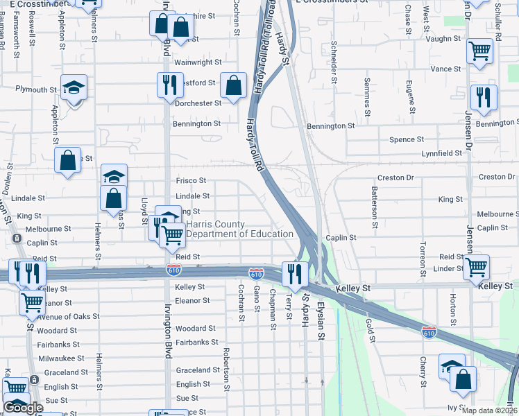 map of restaurants, bars, coffee shops, grocery stores, and more near 1220 King Street in Houston