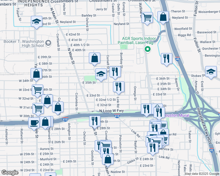 map of restaurants, bars, coffee shops, grocery stores, and more near 3310 Castor Street in Houston