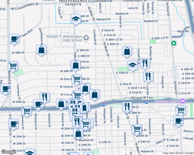map of restaurants, bars, coffee shops, grocery stores, and more near 308 East 34th Street in Houston