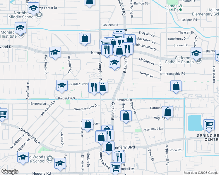 map of restaurants, bars, coffee shops, grocery stores, and more near 2415 Blalock Road in Houston