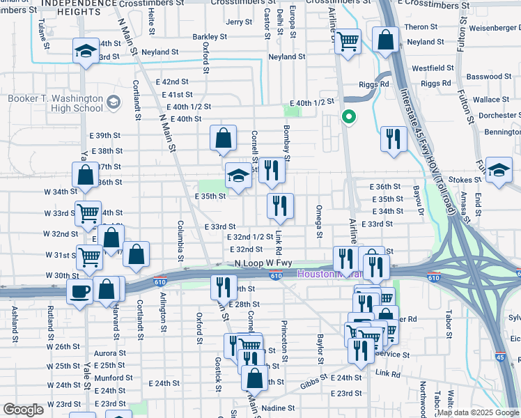 map of restaurants, bars, coffee shops, grocery stores, and more near 3310 Castor Street in Houston