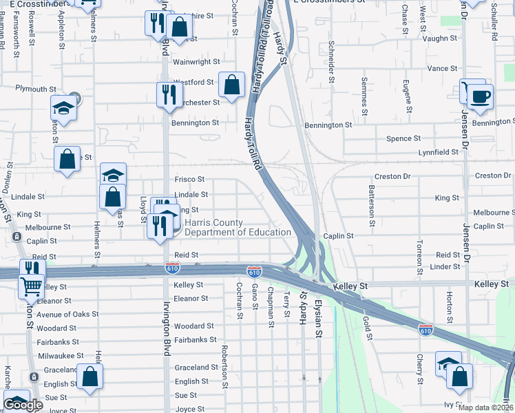 map of restaurants, bars, coffee shops, grocery stores, and more near 1220 King Street in Houston