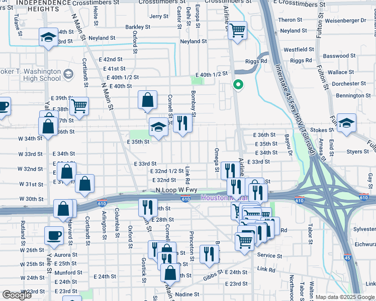 map of restaurants, bars, coffee shops, grocery stores, and more near 3401 Delhi Street in Houston