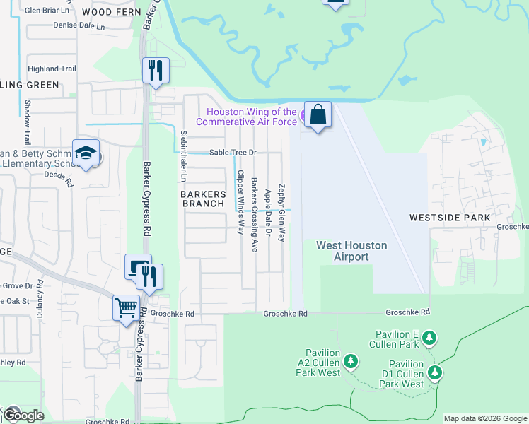 map of restaurants, bars, coffee shops, grocery stores, and more near 3330 Apple Dale Drive in Houston