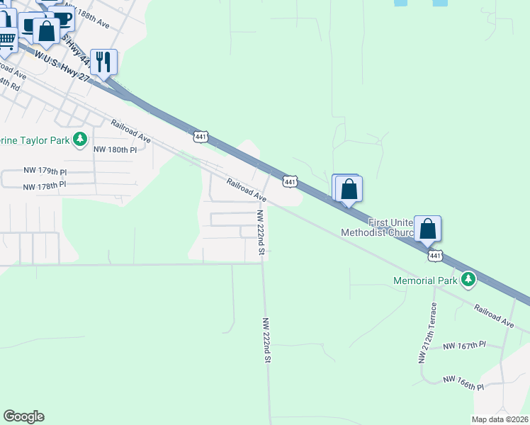 map of restaurants, bars, coffee shops, grocery stores, and more near 17664 Northwest 222nd Street in High Springs