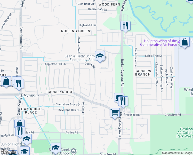 map of restaurants, bars, coffee shops, grocery stores, and more near 3330 Deeds Road in Houston