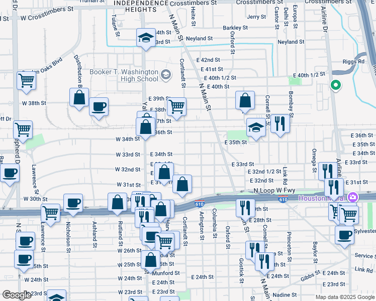 map of restaurants, bars, coffee shops, grocery stores, and more near 3404 Cortlandt Street in Houston