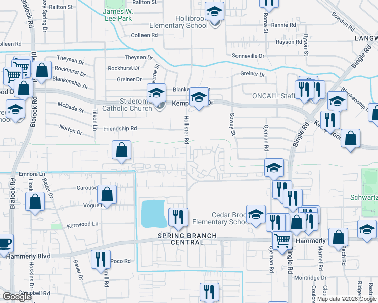 map of restaurants, bars, coffee shops, grocery stores, and more near 2427 Hollister Street in Houston
