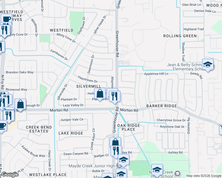 map of restaurants, bars, coffee shops, grocery stores, and more near 3327 Maymist Drive in Katy