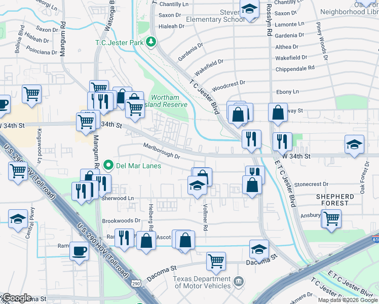 map of restaurants, bars, coffee shops, grocery stores, and more near 4014 Marlborough Drive in Houston