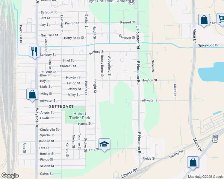 map of restaurants, bars, coffee shops, grocery stores, and more near 5930 Wedgefield Street in Houston