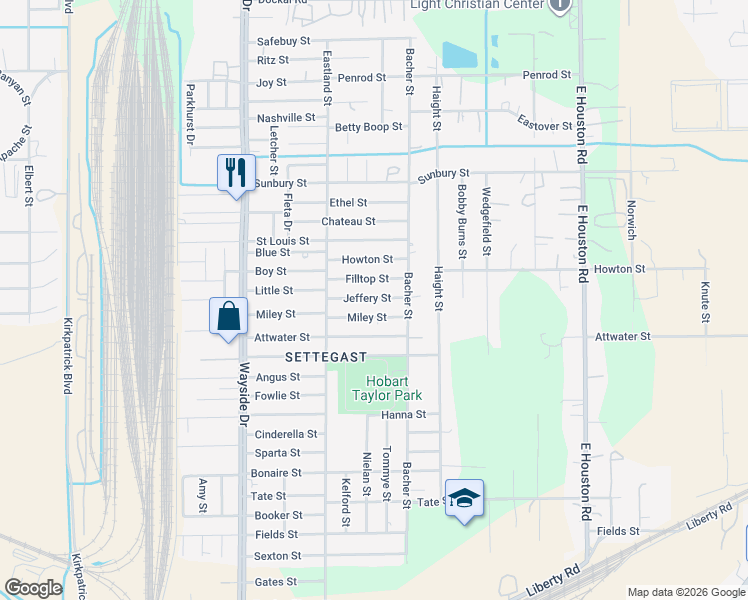 map of restaurants, bars, coffee shops, grocery stores, and more near 8127 Miley Street in Houston