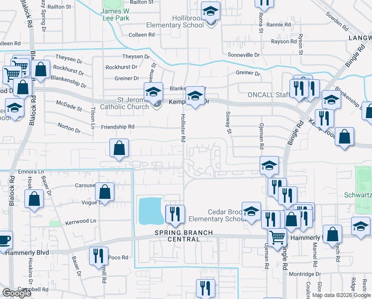 map of restaurants, bars, coffee shops, grocery stores, and more near 2427 Hollister Street in Houston