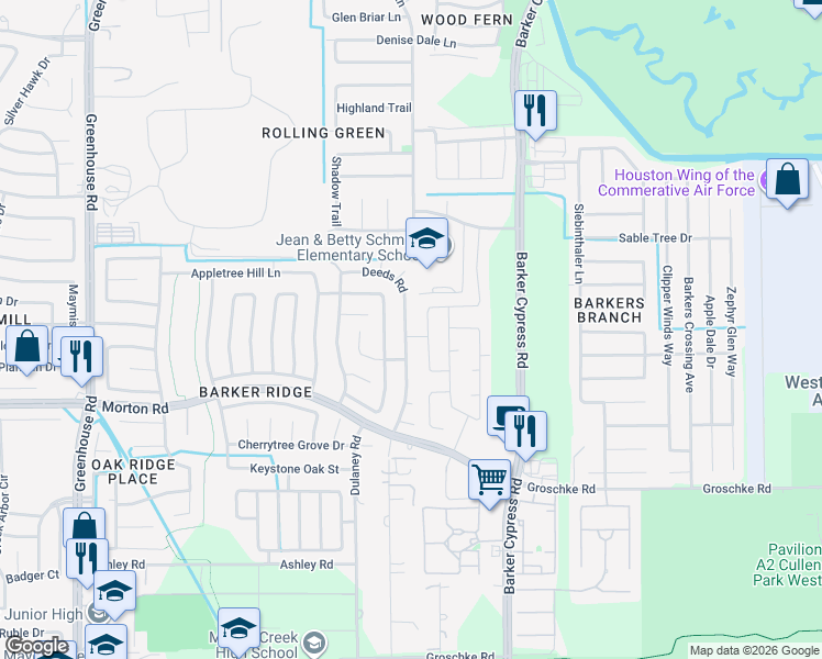 map of restaurants, bars, coffee shops, grocery stores, and more near 3330 Deeds Road in Houston