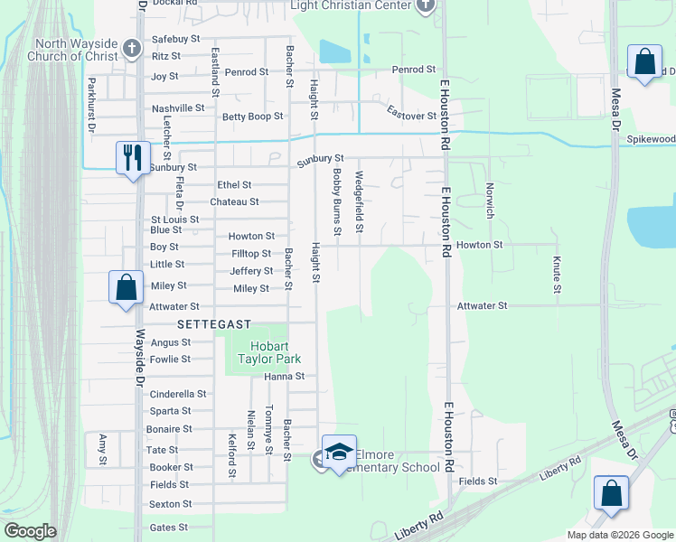 map of restaurants, bars, coffee shops, grocery stores, and more near 5922 Haight Street in Houston