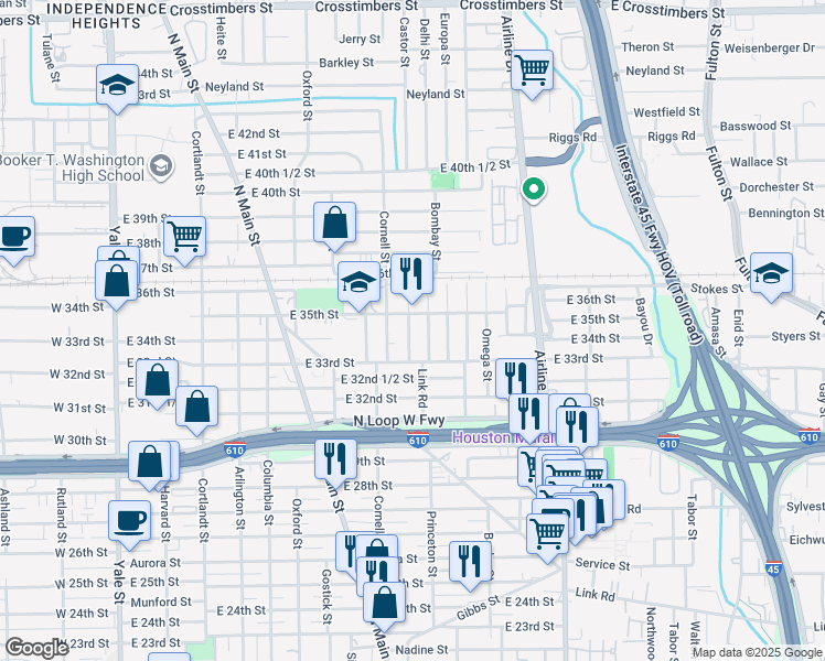 map of restaurants, bars, coffee shops, grocery stores, and more near 3310 Castor Street in Houston