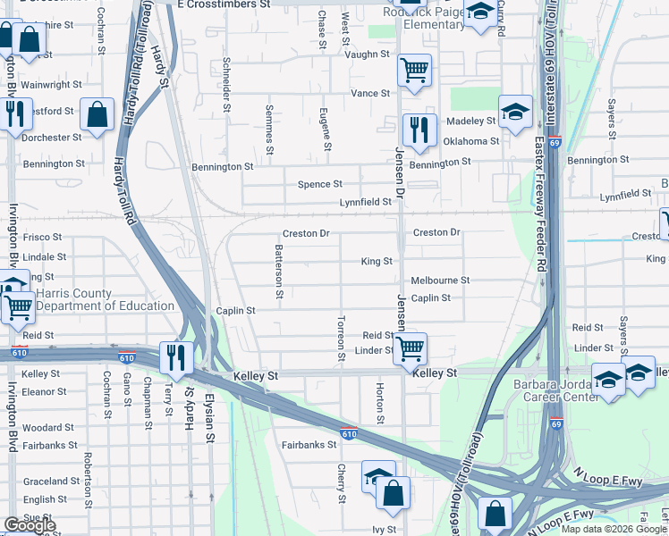 map of restaurants, bars, coffee shops, grocery stores, and more near 2315 Melbourne Street in Houston