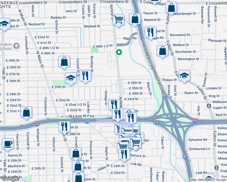 map of restaurants, bars, coffee shops, grocery stores, and more near 1229 East 33rd Street in Houston