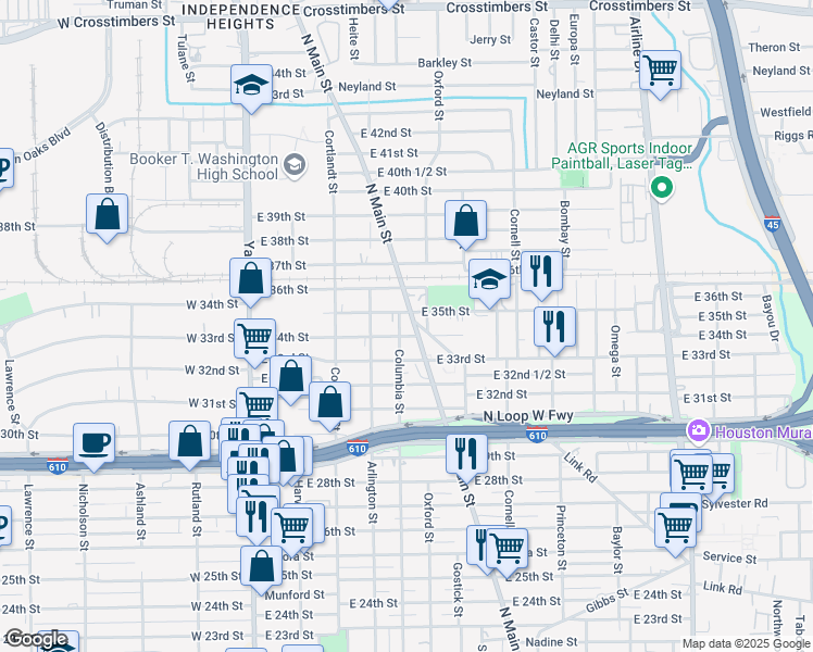 map of restaurants, bars, coffee shops, grocery stores, and more near 414 East 34th Street in Houston