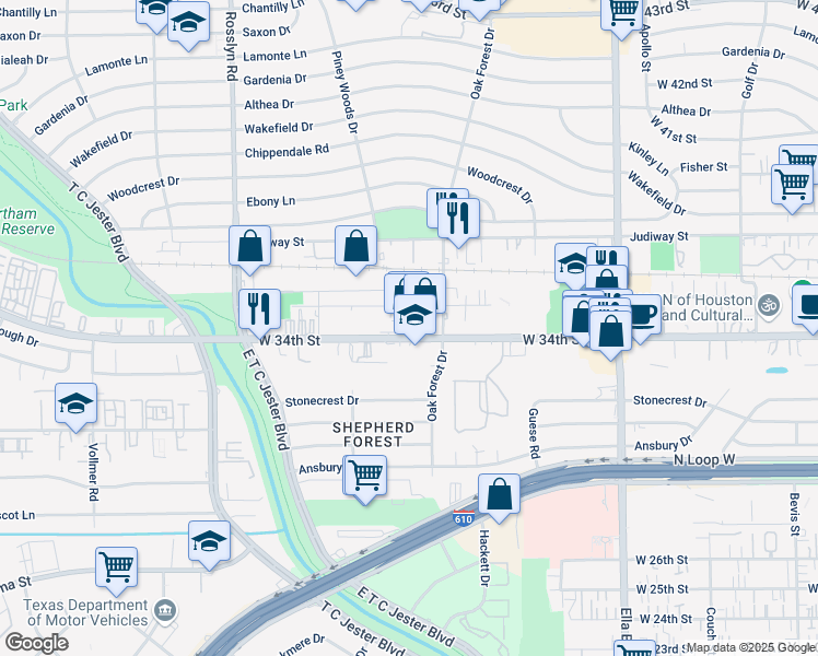 map of restaurants, bars, coffee shops, grocery stores, and more near 2101 West 34th Street in Houston