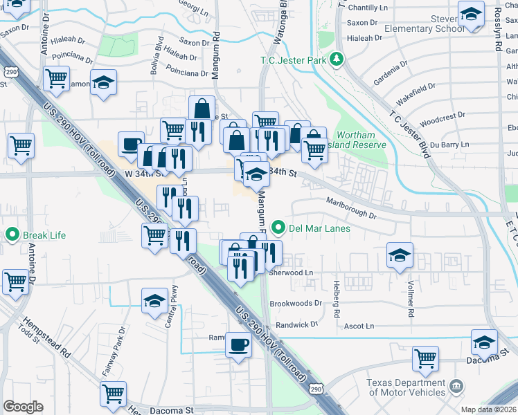 map of restaurants, bars, coffee shops, grocery stores, and more near 3021 Mangum Road in Houston