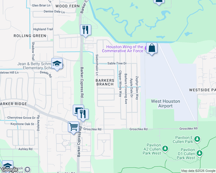 map of restaurants, bars, coffee shops, grocery stores, and more near 18315 Thicket Grove Road in Houston