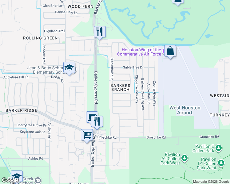 map of restaurants, bars, coffee shops, grocery stores, and more near 18315 Thicket Grove Road in Houston