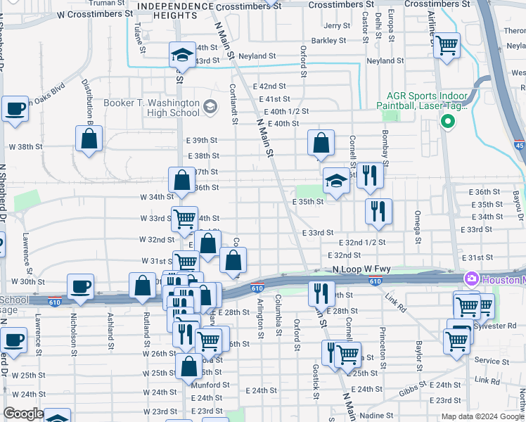 map of restaurants, bars, coffee shops, grocery stores, and more near 3404 Arlington Street in Houston