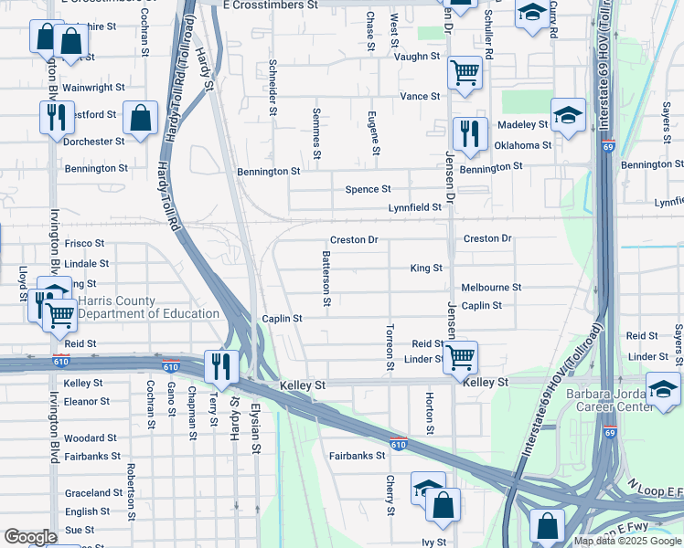 map of restaurants, bars, coffee shops, grocery stores, and more near 2110 King Street in Houston