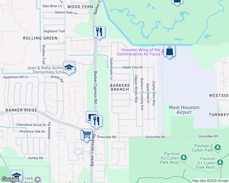 map of restaurants, bars, coffee shops, grocery stores, and more near 18315 Thicket Grove Road in Houston