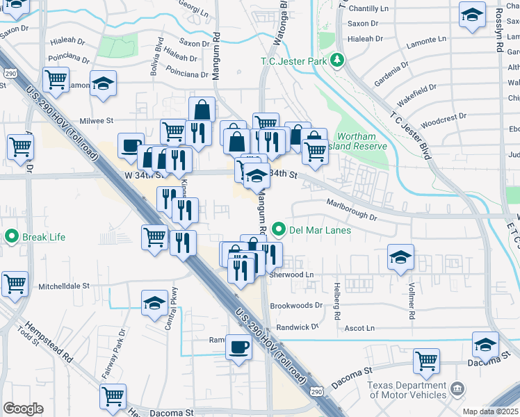 map of restaurants, bars, coffee shops, grocery stores, and more near 3021 Mangum Road in Houston