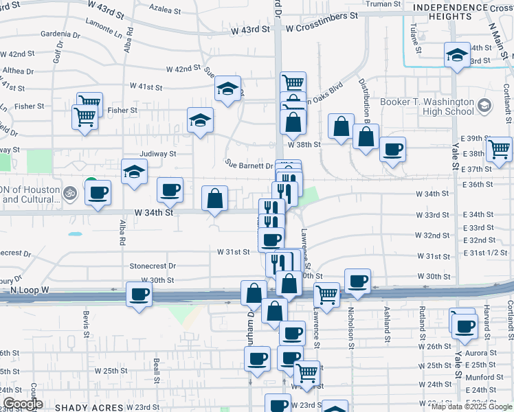 map of restaurants, bars, coffee shops, grocery stores, and more near 701 West 34th Street in Houston