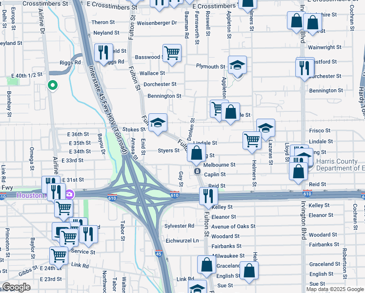 map of restaurants, bars, coffee shops, grocery stores, and more near 6505 Fulton Street in Houston