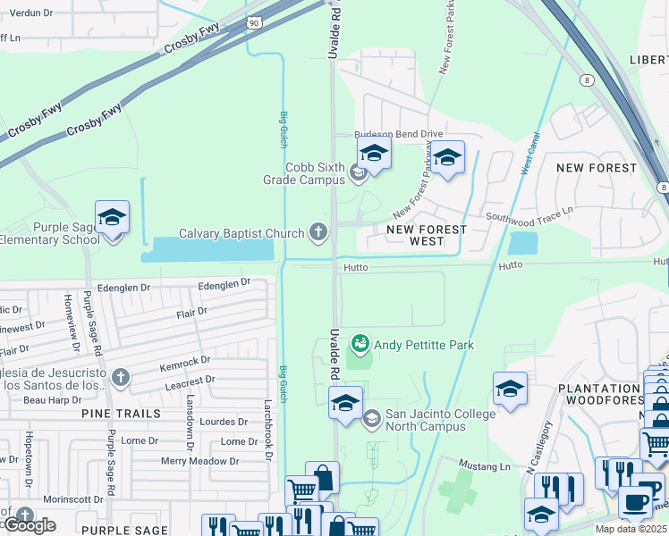 map of restaurants, bars, coffee shops, grocery stores, and more near 6416 Uvalde Road in Houston