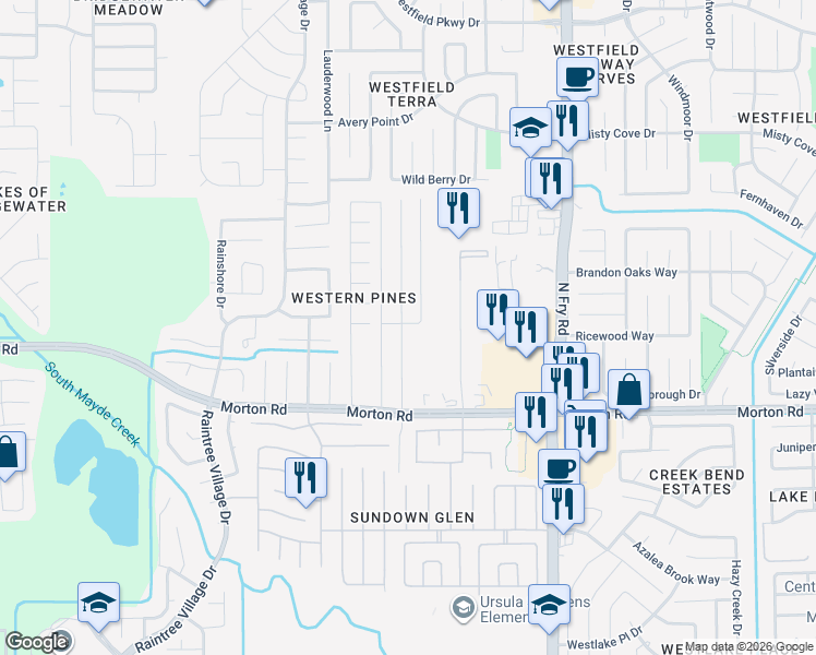 map of restaurants, bars, coffee shops, grocery stores, and more near 20330 Morton Road in Katy