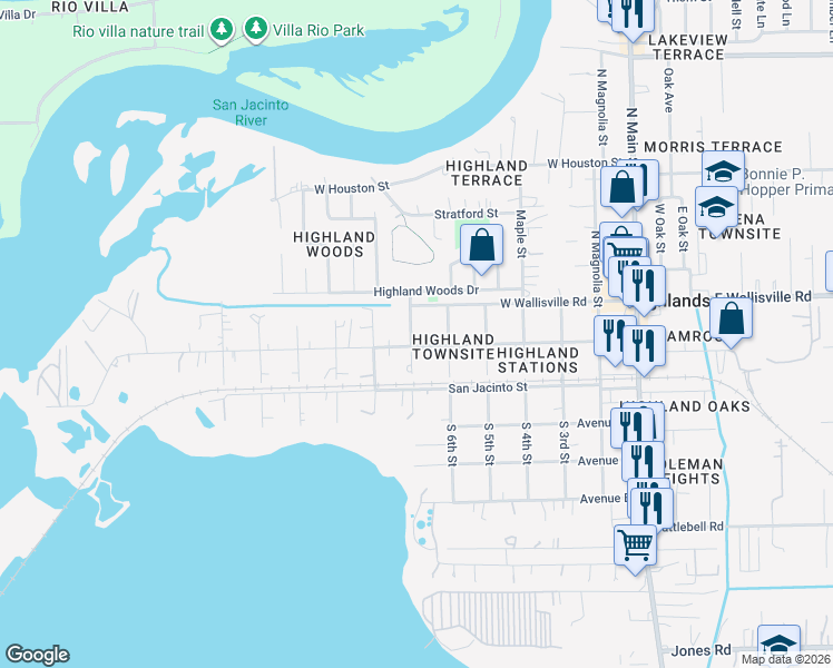 map of restaurants, bars, coffee shops, grocery stores, and more near 611 Clear Lake Road in Highlands