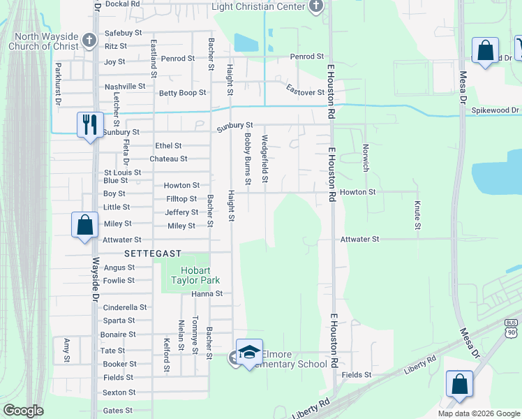 map of restaurants, bars, coffee shops, grocery stores, and more near 5930 Wedgefield Street in Houston