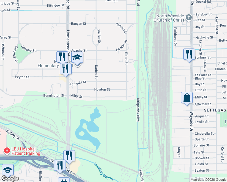 map of restaurants, bars, coffee shops, grocery stores, and more near 7417 Miley Street in Houston