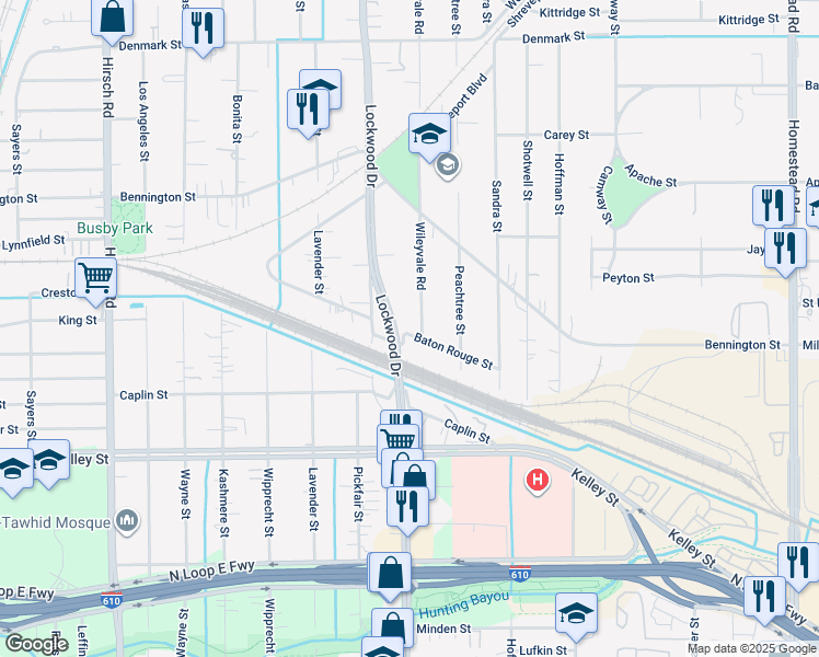 map of restaurants, bars, coffee shops, grocery stores, and more near 5006 Baton Rouge Street in Houston