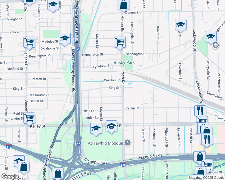 map of restaurants, bars, coffee shops, grocery stores, and more near 4117 Melbourne Street in Houston