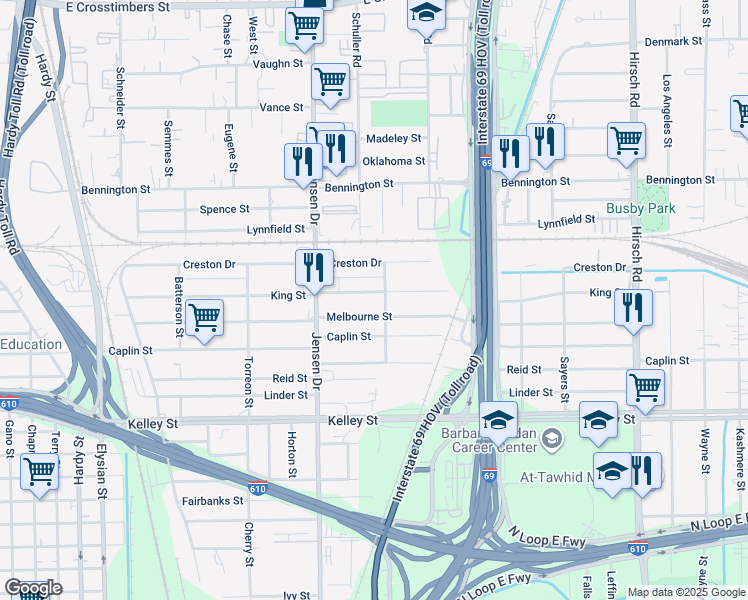 map of restaurants, bars, coffee shops, grocery stores, and more near 3102 Melbourne Street in Houston