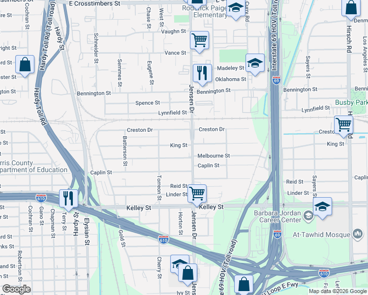 map of restaurants, bars, coffee shops, grocery stores, and more near 6301 Jensen Drive in Houston