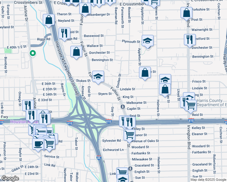 map of restaurants, bars, coffee shops, grocery stores, and more near 6505 Fulton Street in Houston