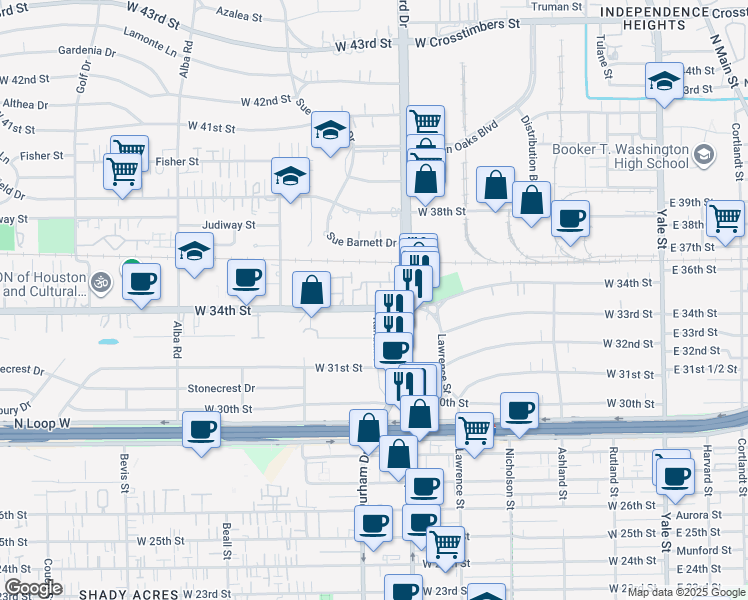 map of restaurants, bars, coffee shops, grocery stores, and more near 701 West 34th Street in Houston