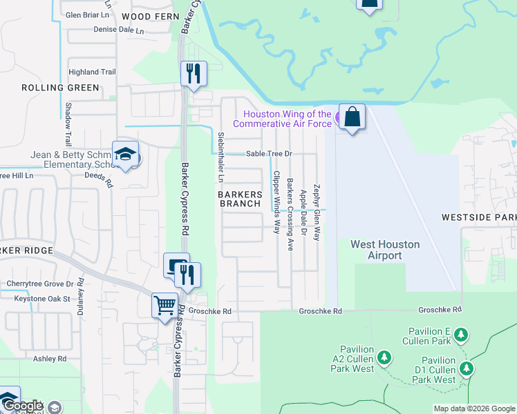map of restaurants, bars, coffee shops, grocery stores, and more near 18202 Meandering Meadow Lane in Houston
