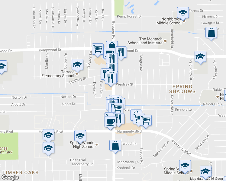 map of restaurants, bars, coffee shops, grocery stores, and more near 2529 Gessner Drive in Houston