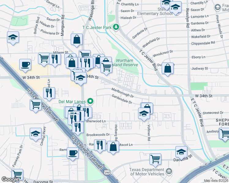 map of restaurants, bars, coffee shops, grocery stores, and more near 4319 Marlborough Drive in Houston