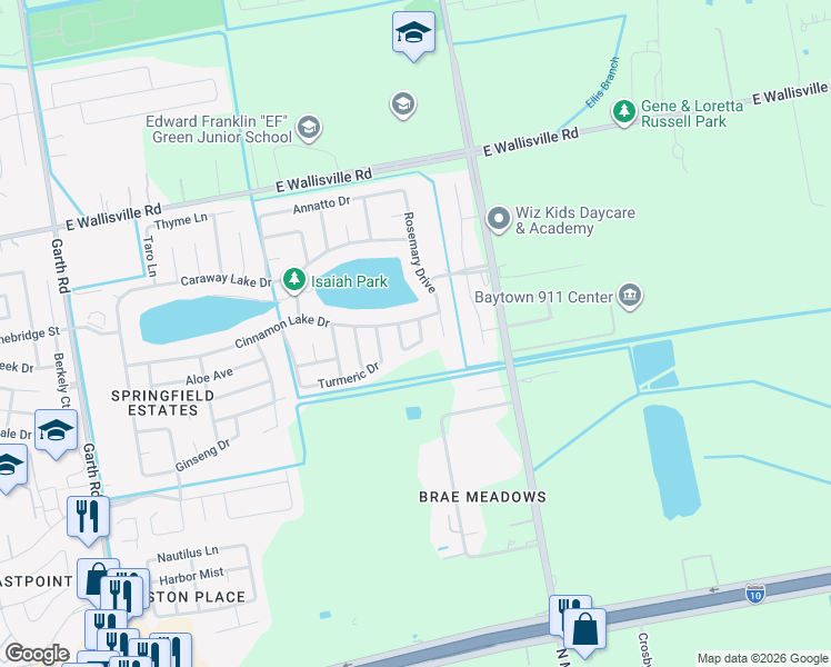 map of restaurants, bars, coffee shops, grocery stores, and more near 5910 Juniper Drive in Baytown