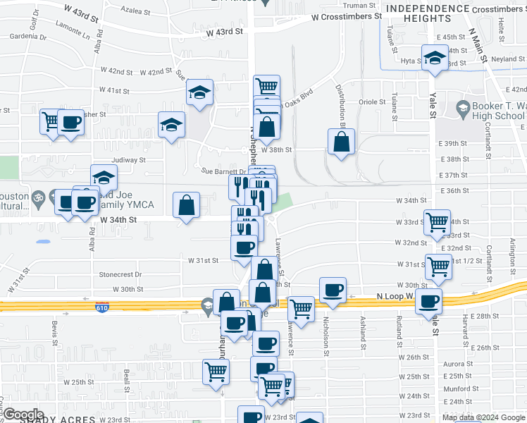 map of restaurants, bars, coffee shops, grocery stores, and more near 3406 North Shepherd Drive in Houston
